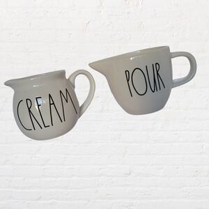 Rae Dunn Cream and Pour Pitchers/Mugs, White with Black Lettering, 3.5" tall